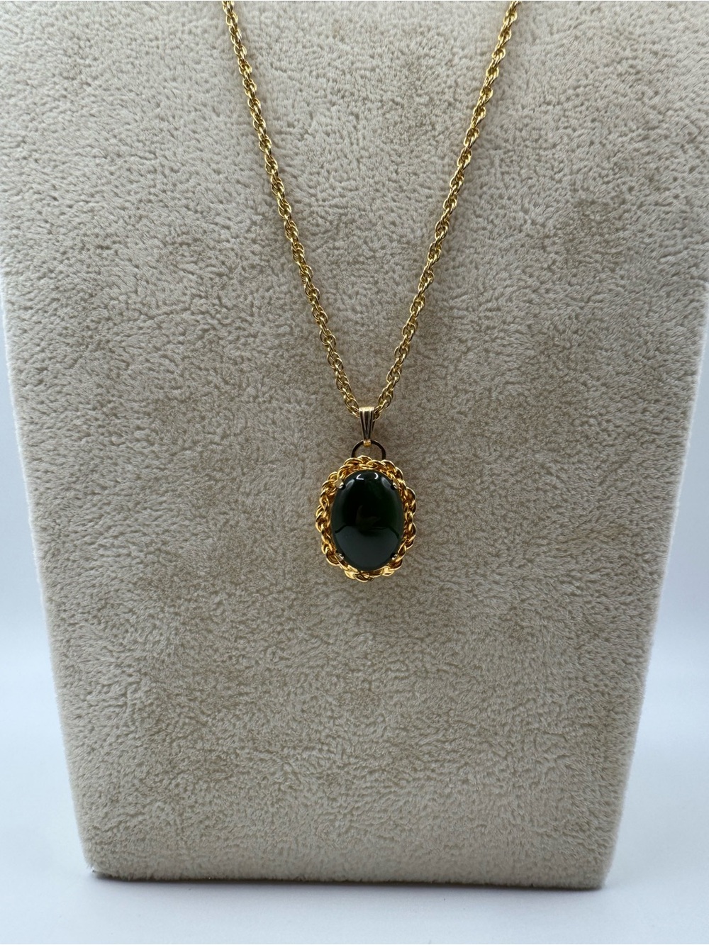 Jade Cabochon Pendant with Rope Chain